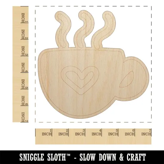 Steaming Hot Coffee Mug Cup with Heart Unfinished Wood Shape Piece Cutout for DIY Craft Projects {1}