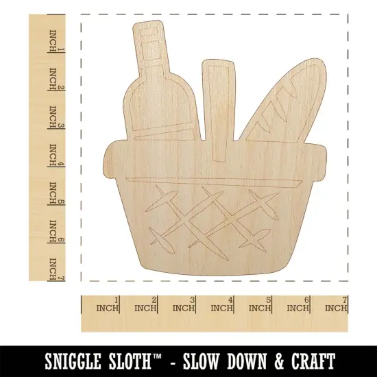 Picnic Basket Wine and Bread Unfinished Wood Shape Piece Cutout for DIY Craft Projects {1}