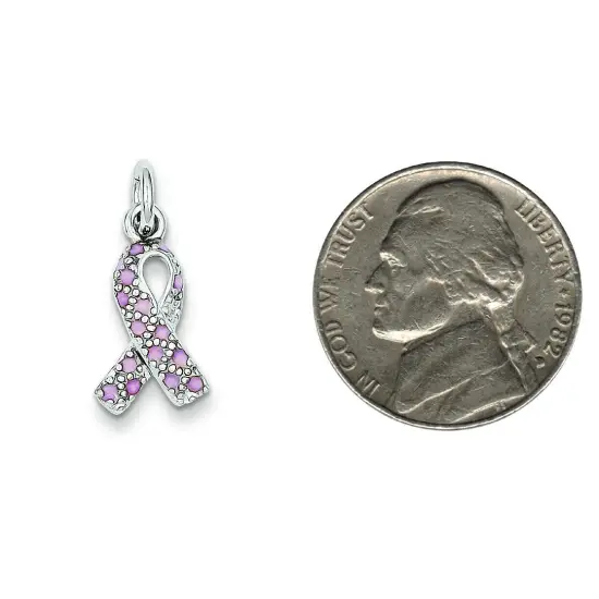Sterling Silver Enameled Pink Ribbon Charm Pendant Jewerly 21mm x 10mm {2}