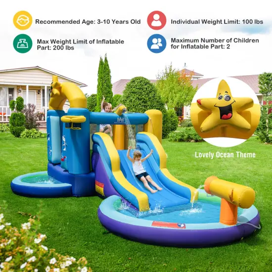 Inflatable Ocean-Themed Bounce House with 680W Blower and 2 Pools {5}