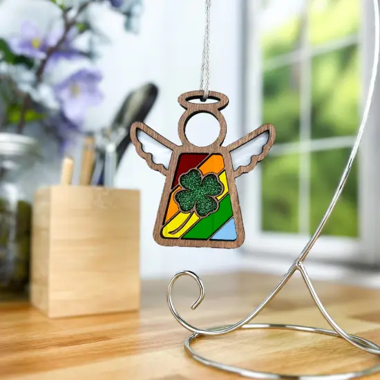 3.5" (H) Glittery Four-Leaf Clover Ornament - Handcrafted in Texas - Mother's Angels&reg; Christmas Angel Wings Figurine {4}