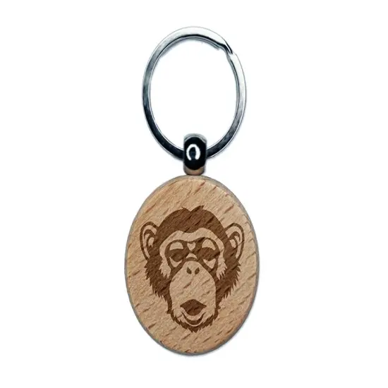 Chimpanzee Primate Ape Engraved Wood Round Keychain Tag Charm {1}