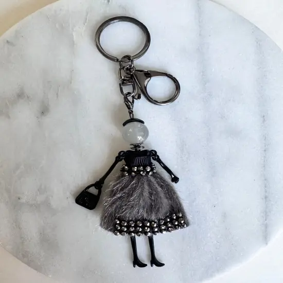Wrapables Hanging Fashionista Doll Keychain, Crystal Rhinestone Keyring Bag Charm, Gray Retro {4}