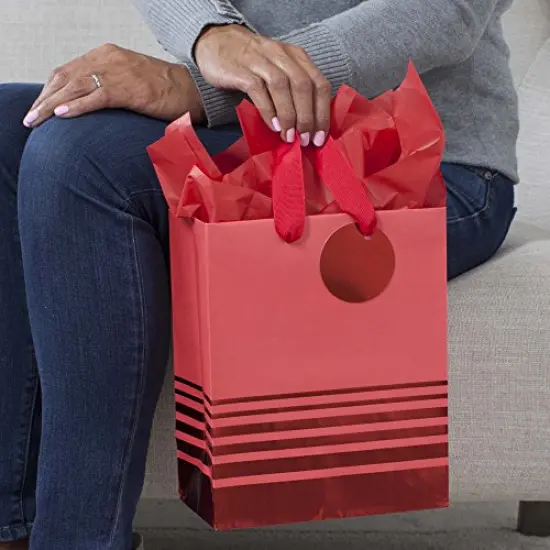 Hallmark 9" Medium Gift Bag with Tissue Paper (Red Foil Stripes) for Christmas, Birthdays, Father's Day, Graduations, Valentines Day, Sweetest Day {6}