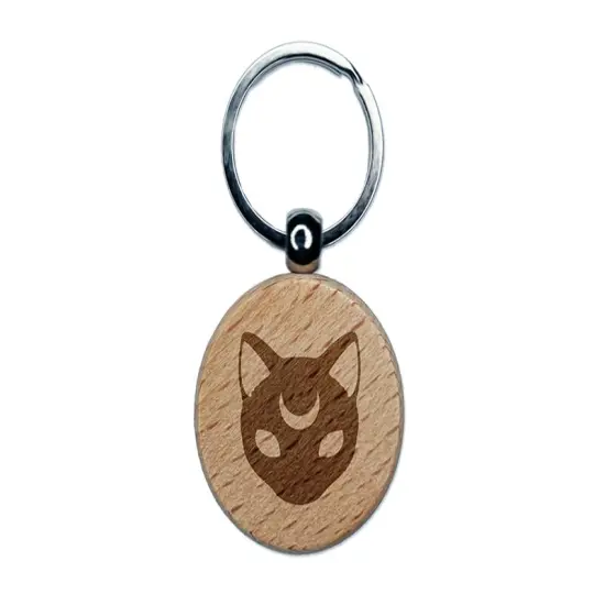 Witch Cat Head with Moon on Forehead Engraved Wood Round Keychain Tag Charm {1}