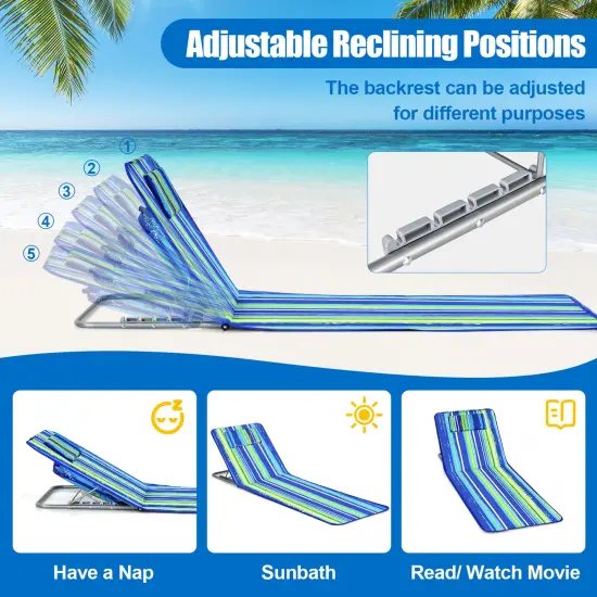 3 Pieces Beach Lounge Chair Mat Set 2 Adjustable Lounge Chairs with Table Stripe Blue and Green {5}