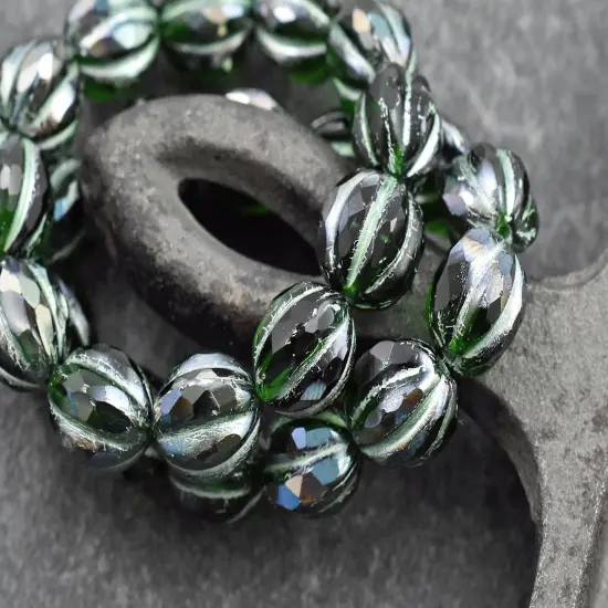 *12* 10mm Metallic Green Washed Emerald Green Faceted Round Melon Beads {3}