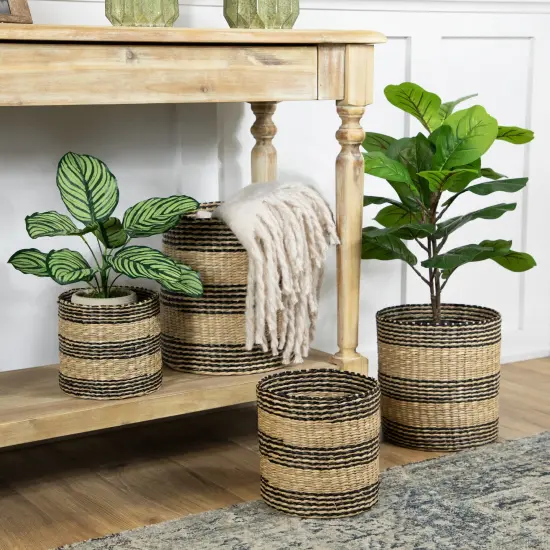 Northlight Set of 4 Beige and Black Striped Woven Round Seagrass Baskets 12" {3}
