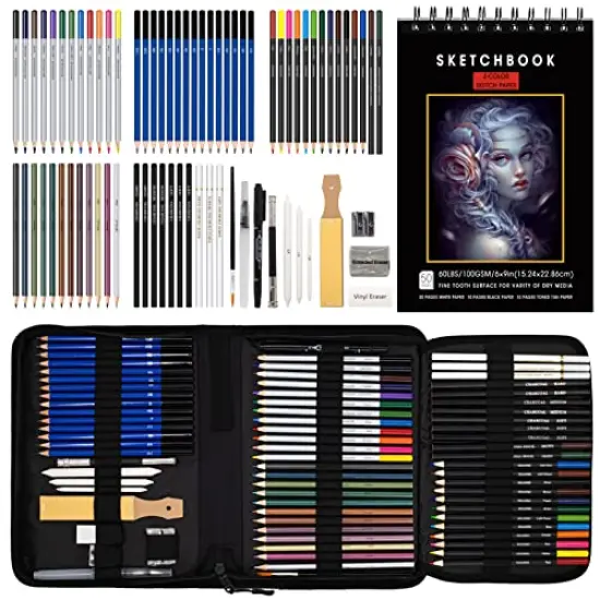 76-Pack Drawing Set Sketching Kit, Pro Art Supplies Include 50 Pages 3-Color Sketchbook, Colored, Watercolor, Graphite, Charcoal & Metallic Pencil, for Artists Adults Teens Beginners {2}