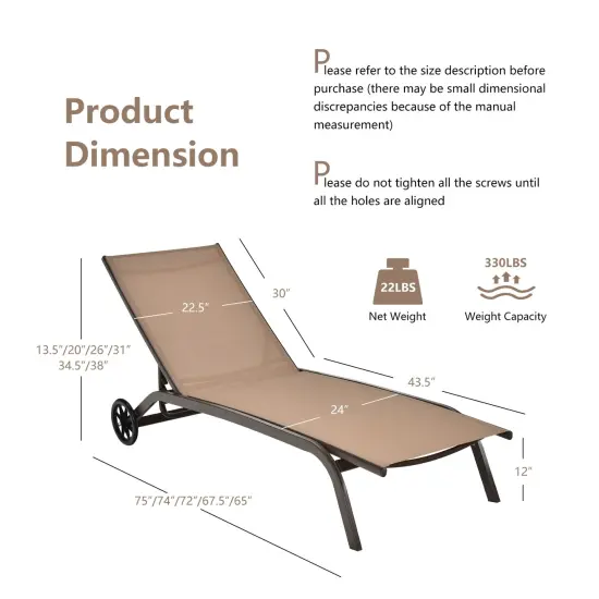 Adjustable Outdoor Chaise Lounge Chair with Wheels &ndash; Steel Frame, Breathable Fabric Brown {4}