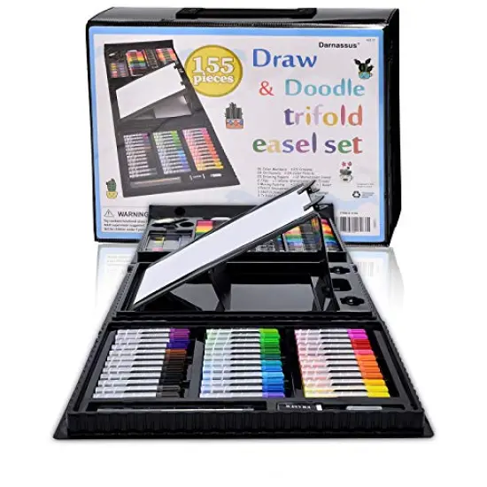 Darnassus 155-Piece Trifold Easel Art Set, Deluxe Professional Color Set, Compact Portable, with Crayons, Markers, Pencils, Color Cakes, and Sketch Pad, Crafts Gift for Ages 4-12 {1}