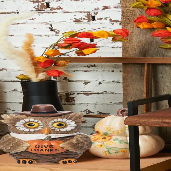 "Give Thanks" Owl Bird with Sunflower Eyes Pumpkin Small Thanksgiving Figure Figurine {4}