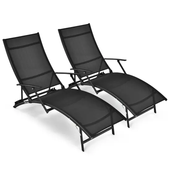 2 Pieces Patio Folding Stackable Lounge Chair Chaise with Armrest-Black {1}
