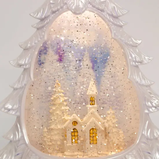 Gerson Lighted Water Globe Decoration, Christmas Tree Decor with Timer, Tree-Shaped Lit Shimmer Snow Globe with Snowy Church Scene, 12&rdquo; {5}