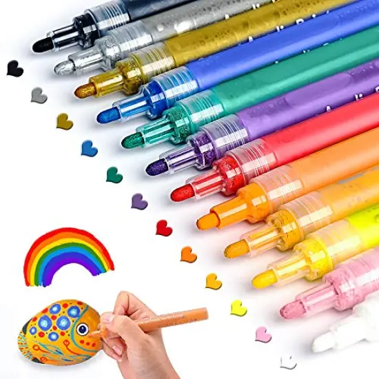 12 Colors Acrylic Paint Pens Paint Markers for Rock Painting, Canvas, Wood, Glass, Fabric, Metal, Plastic, Arts Crafts Easter Eggs, Pumpkin, Scrapbooking Supplies, Graffiti Markers for Adults Kids {1}