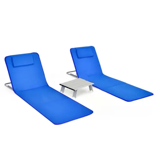3 Pieces Beach Lounge Chair Mat Set 2 Adjustable Lounge Chairs with Table Stripe Blue {1}