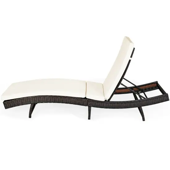 Patio Folding Adjustable Rattan Chaise Lounge Chair with Cushion White {4}