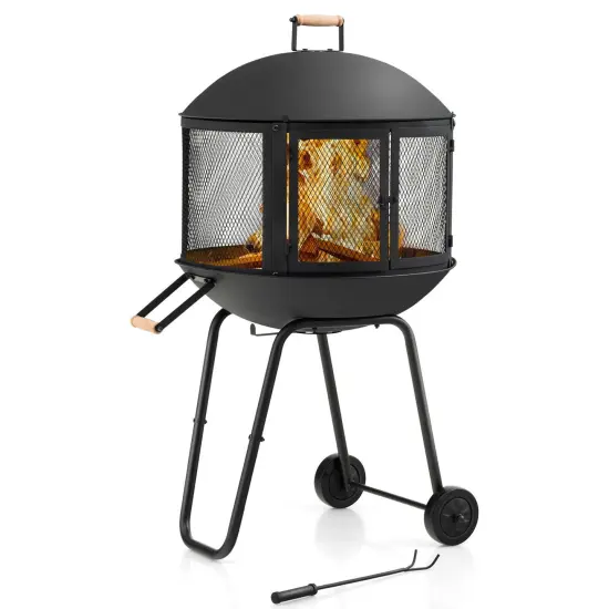 28 Inch Portable Fire Pit on Wheels with Log Grate-Black {3}