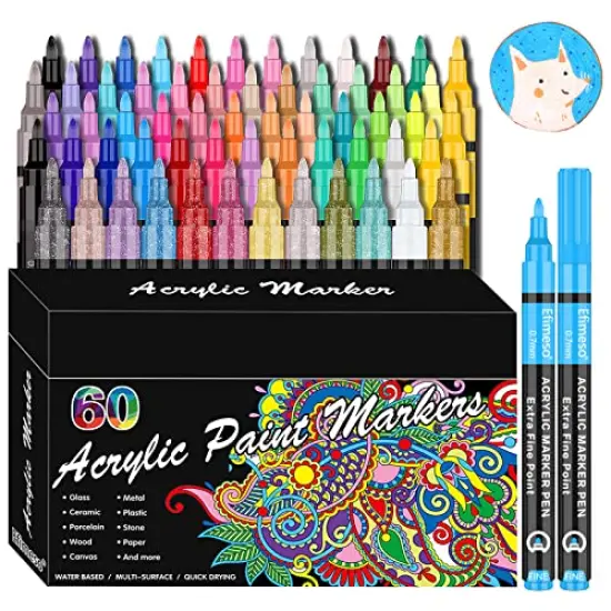 Acrylic Paint Pens, 60 Colors Acrylic Paint Marker, 0.7mm Extra Fine Paint Pens for Canvas, Rock Painting, Wood, Glass, Metal, Ceramic, stone {1}
