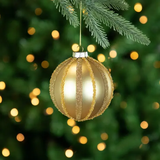 Northlight Glitter and Beads Striped Christmas Glass Ball Ornaments - 4" - Gold - Set of 2 {3}