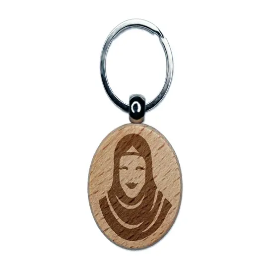Hijab Muslim Woman Engraved Wood Round Keychain Tag Charm {1}