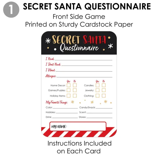 Big Dot of Happiness Secret Santa Fill-In Questionnaire Form - Christmas Gift Exchange Party Cards - Activity Duo Games - Set of 20 {7}