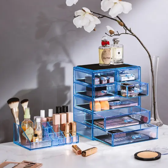 Sorbus Medium Makeup Organizer Set - (3 Large / 4 Small Drawers/Top Tray) Blue {2}