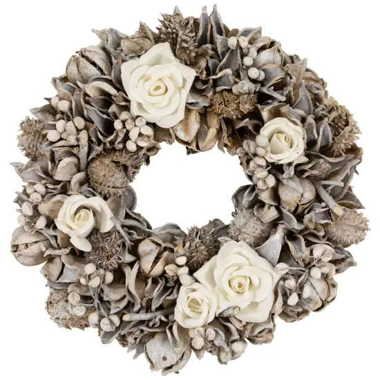 Northlight Glittered White Roses Winter Botanicals Artificial Christmas Wreath - 9.5" - Unlit Brown {1}