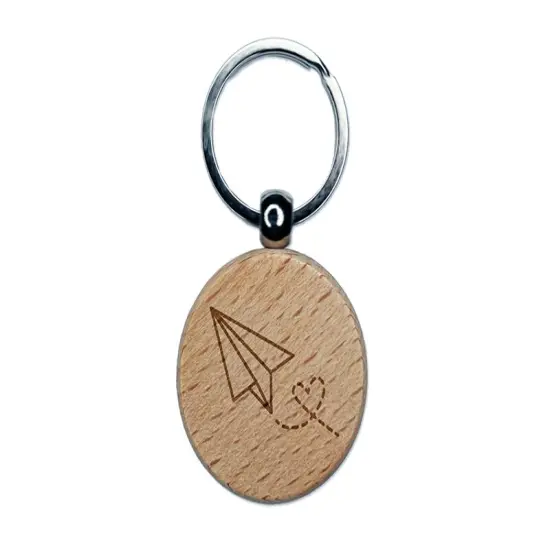 Paper Airplane with Heart Engraved Wood Round Keychain Tag Charm {1}