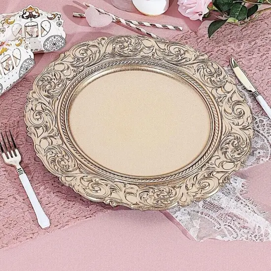 6 Gold Round Baroque Metallic Charger Plates for Wedding Decor {2}