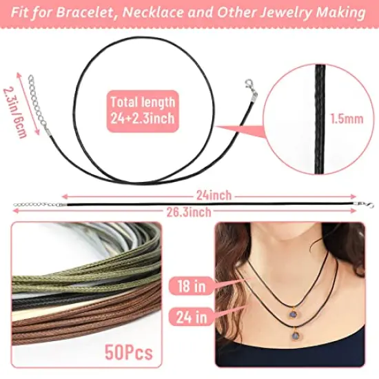 50 Pieces Necklace String Rope with Clasp, 24 Inch Waxed Cotton Cord Necklace Bulk for Charms Pendants, Bracelets, Necklaces, Jewelry Making Supplies and Beading Supplies {6}