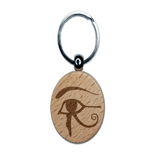 Wedjat Eye of Horus Udjat Egyptian Symbol of Protection Engraved Wood Round Keychain Tag Charm {1}