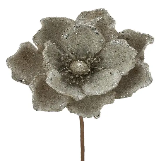 24" Platinum Glitter Magnolia Flower Pick &ndash; Elegant Christmas Floral Decoration {1}