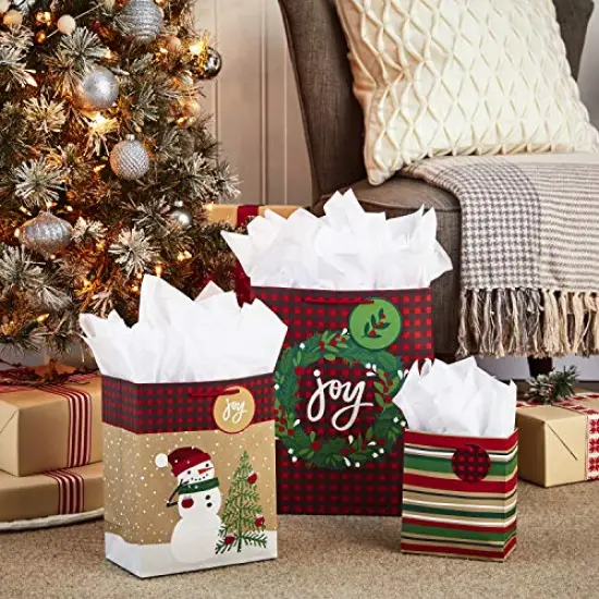 Hallmark Christmas Gift Bag Assortment, Traditional (Pack of 8 Gift Bags; 3 Small 6", 3 Medium 9", 2 Large 13") Snowmen, Red Plaid, Kraft Stripes, "Joy" Wreath {6}