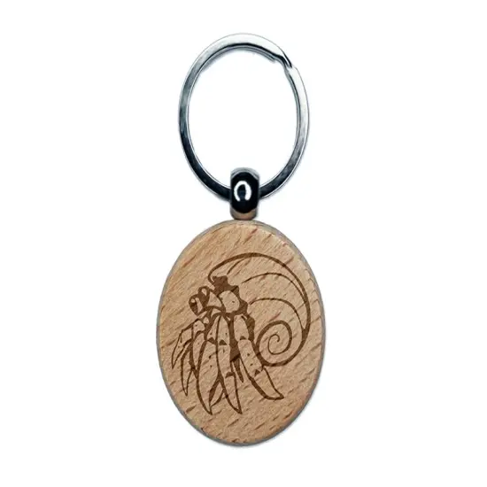 Hermit Crab Spiral Shell Crustacean Engraved Wood Round Keychain Tag Charm {1}