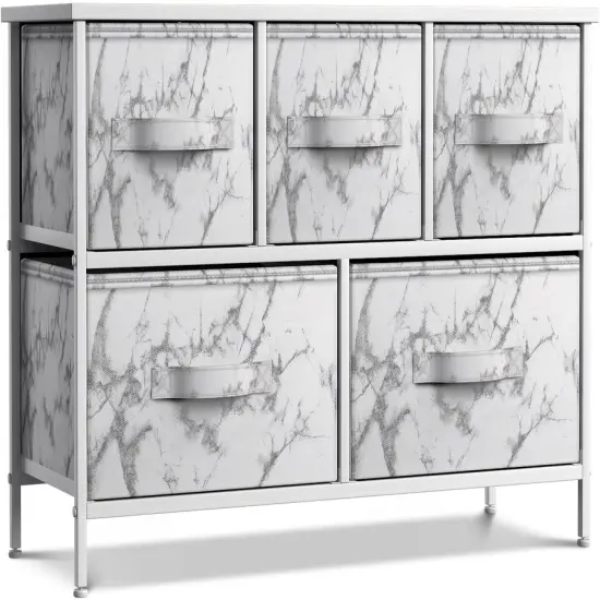 Sorbus Dresser with 5 Drawers - Storage Chest Organizer Unit with Steel Frame, Wood Top, Easy Pull Fabric Bins - Long Wide TV Stand for Bedroom Furniture, Hallway, Closet & Office Organization Marble white {1}