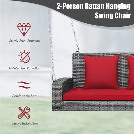 2-Person Patio PE Wicker Hanging Porch Swing Bench Chair with Cushion Red {3}