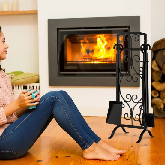 5 Piece Wrought Iron Fireplace Tools with Decor Holder-Black {2}
