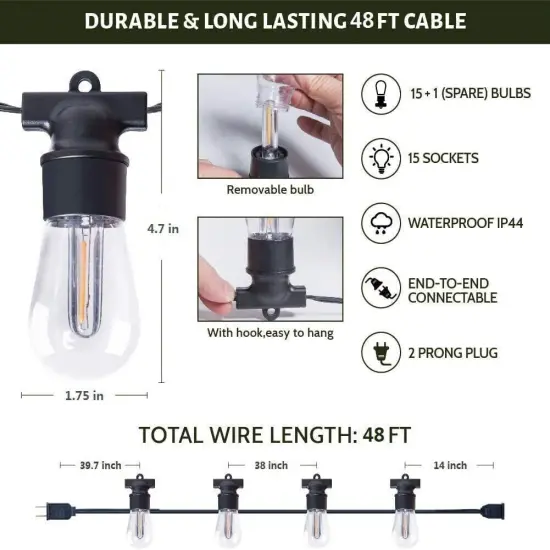 48FT Dimmable Warm White LED String Lights - Waterproof Patio 15M Length {4}