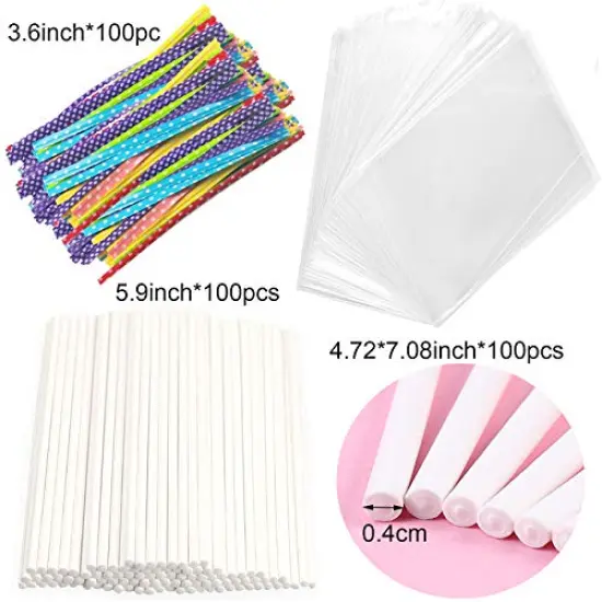 100 Pieces Big Size Lollipop Cake Pop Treat Bag Set Including Parcel Bags, 100pcs Papery Treat Sticks, 100pcs Colorful Metallic Twist Ties for Making Lollipops, Cake Pops, Candies, Chocolates and Cookies {1}