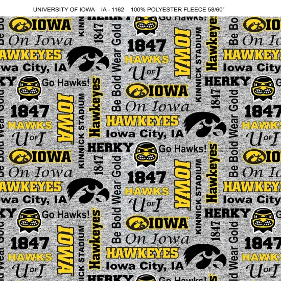 Sykel Enterprises-University of Iowa Fleece Fabric-Iowa Hawkeyes Heather Verbiage Fleece Blanket Fabric-Sold by the yard {1}