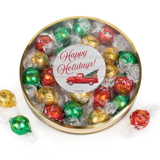 Christmas Candy Gift Tin with Chocolate Lindor Truffles by Lindt Large Plastic Tin with Sticker By Just Candy - Vintage Red Truck {1}