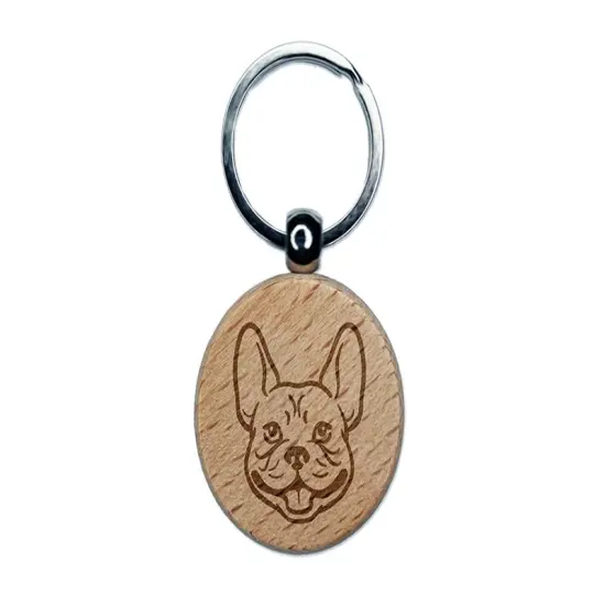 Frenchie French Bulldog Dog Head Engraved Wood Round Keychain Tag Charm {1}