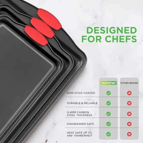3 Pieces Non-Stick Kitchen Oven Baking Pans-Deluxe & Stylish Nonstick Gray Coating Inside Outside, Commercial Grade Restaurant Quality Metal Bakeware with Red Silicone Handles NCSBS3S, 3 Piece Set {1}