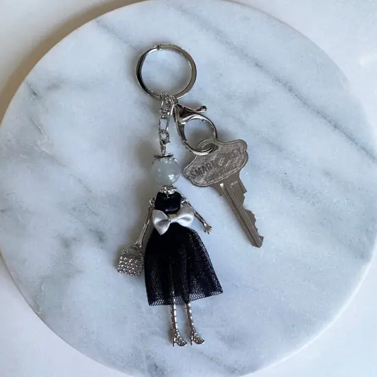 Wrapables Hanging Fashionista Doll Keychain, Crystal Rhinestone Keyring Bag Charm, Black Bow {5}