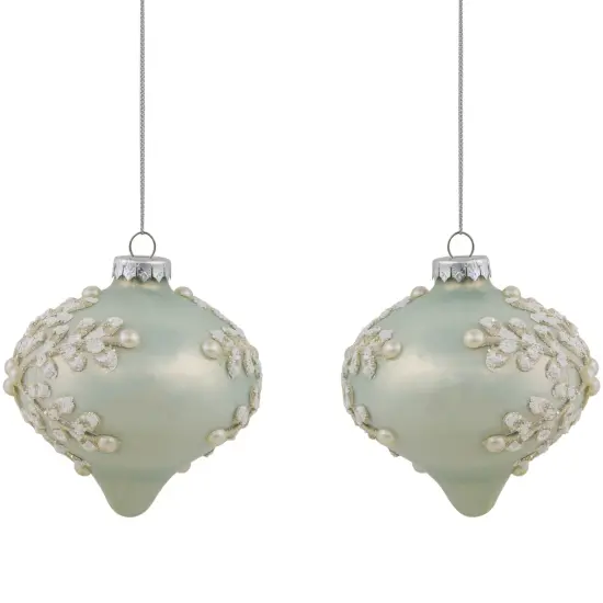 Northlight Set of 2 Pastel Green with Icy Snowflakes Christmas Glass Onion Ornaments 4" Blue {1}
