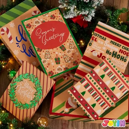JOYIN 12 Pcs Christmas Aluminum Foil Kraft Paper Gift 3 sizes Boxes with Base, Xmas Shirt Wrap Box, Holiday Present Box for Birthday Party Favors Decorations Gift-Giving, 12 Design {2}