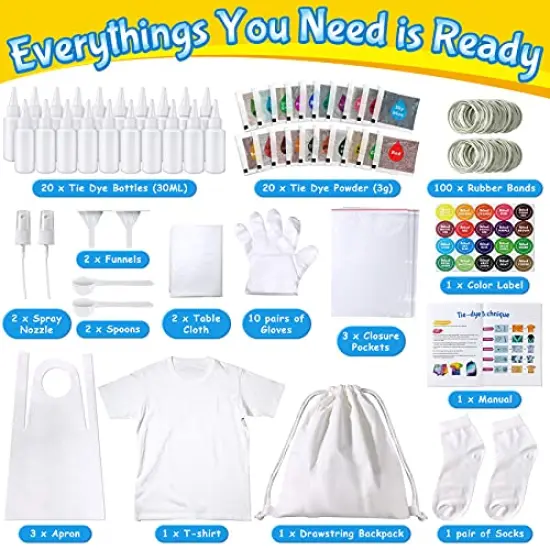 Tie Dye Kit for Kids Adults - Arts and Crafts Toy for Girls & Boys Ages 6-12 - Fabric Tye Dye Craft Kits 20 Colors, Birthday Christmas Gifts for Kids 3 4 5 6 7 8 9 10+ {6}