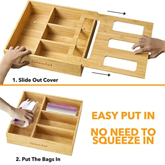 SpaceAid Bag Storage Organizer for Kitchen Drawer, Bamboo Organizer, Compatible with Gallon, Quart, Sandwich and Snack Variety Size Bag (1 Box 4 Slots) {6}