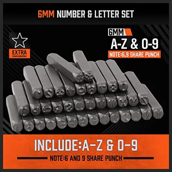 37 Pieces Number and Letter Stamp Set 1/4 (6mm) (A-Z & 0-9 + Stars) Punch Perfect for Imprinting Metal Stamping kit, Plastic, Wood, Leather {5}